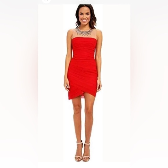 BCBG MAXAZRIA MAIA ROUGE RED COCKTAIL NUDE MESH TOP PINTUCK GEORGETTE DRESS 4 - Picture 2 of 9